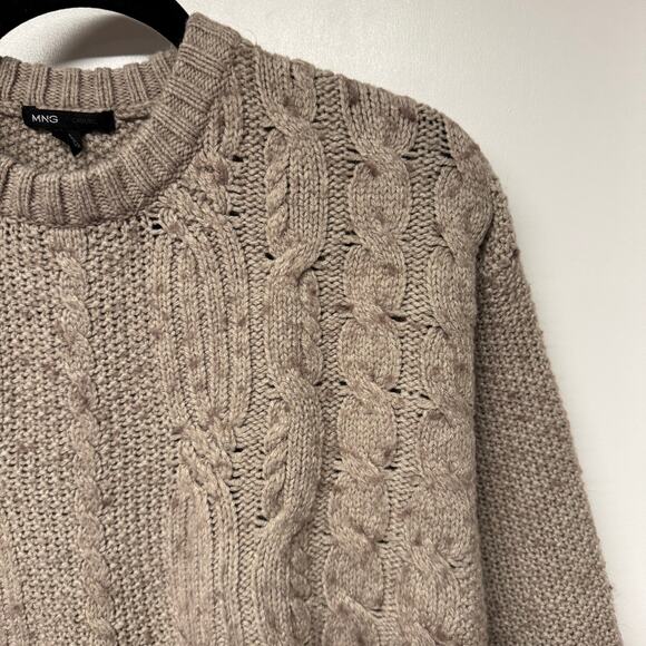 MNG Mango Mock Neck Tan Wool Blend Cable Knit Sweater Womens Size XS Oversized - Picture 3 of 8